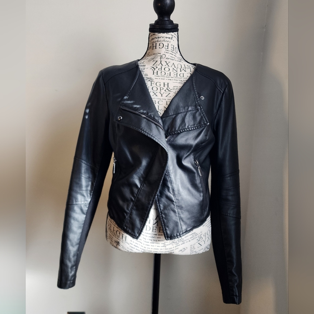 Bar III Women's Fake Black Leather Moto Jacket